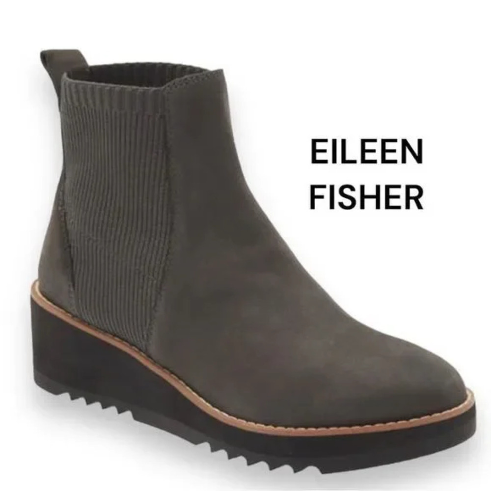 New EILEEN FISHER Lilou Wedge Chelsea Boot In Graphite Gray Leather Size 6M NWOT